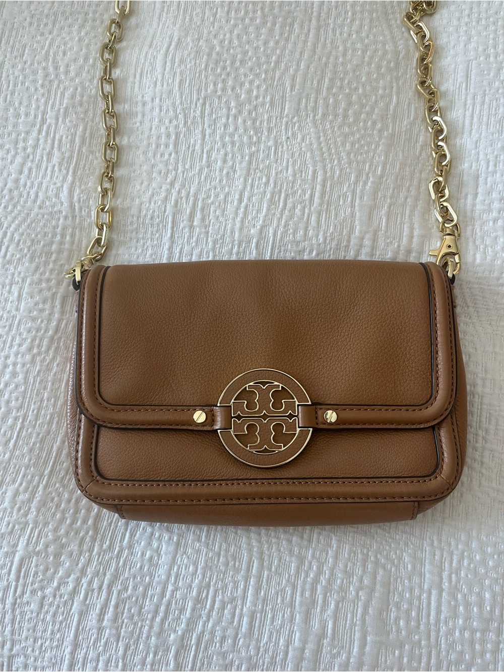 Tory Burch Brown Leather Crossbody with Gold Logo Chain